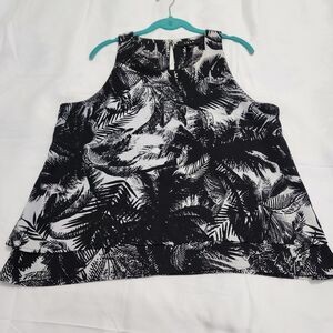 LDLA Womens L Tunic Top Black White Floral  Leaves Polyester Tropical Sleeveless